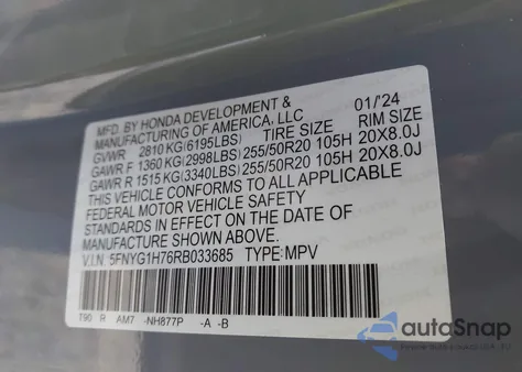 2024 Honda Pilot Touring z USA, uszkodzony, nr VIN 5FNYG1H76RB033685